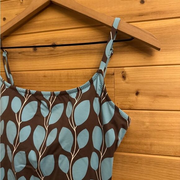 Garnet Hill Size 8/Medium Brown Blue Floral Leaf Pattern One Piece Swimsuit - Picture 3 of 14